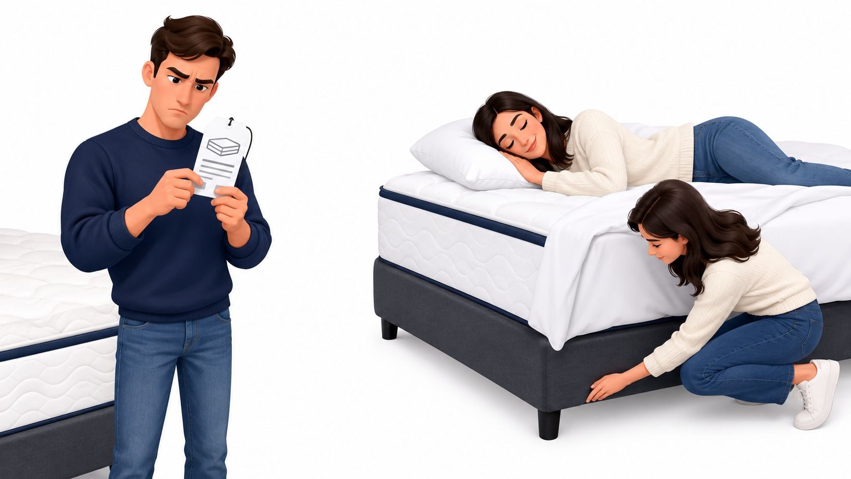 A 3D illustration of a man checking a mattress tag while a woman examines the bed frame.