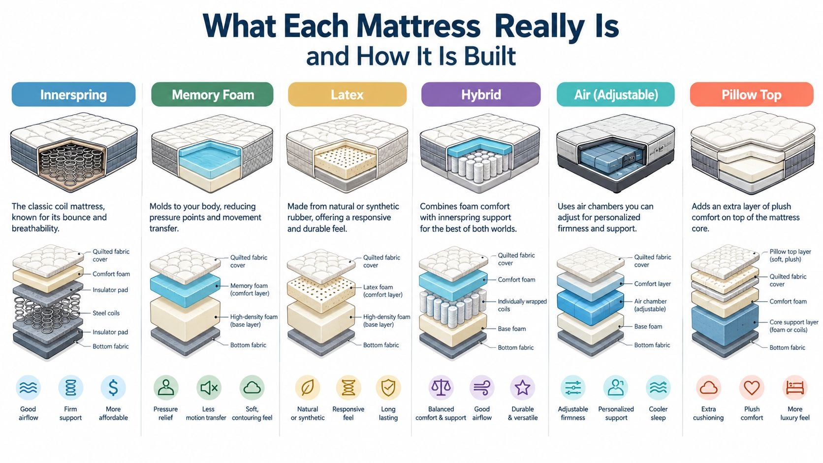 A detailed infographic illustrating the construction layers and features of six different types of mattresses.