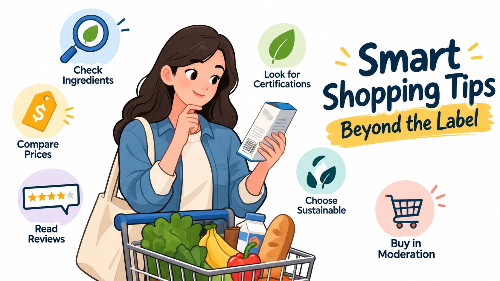An illustrated woman shopping for groceries while considering smart shopping tips beyond the product labels.
