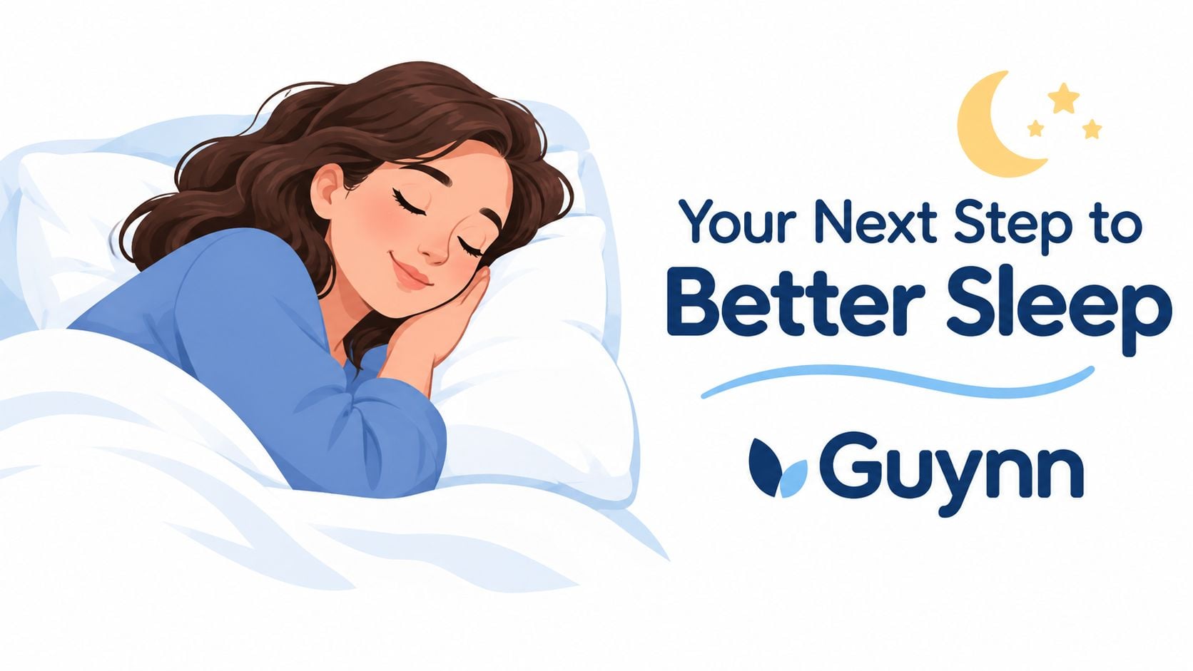 A peaceful woman sleeping comfortably on a soft white pillow in an illustration for Guynn sleep products.