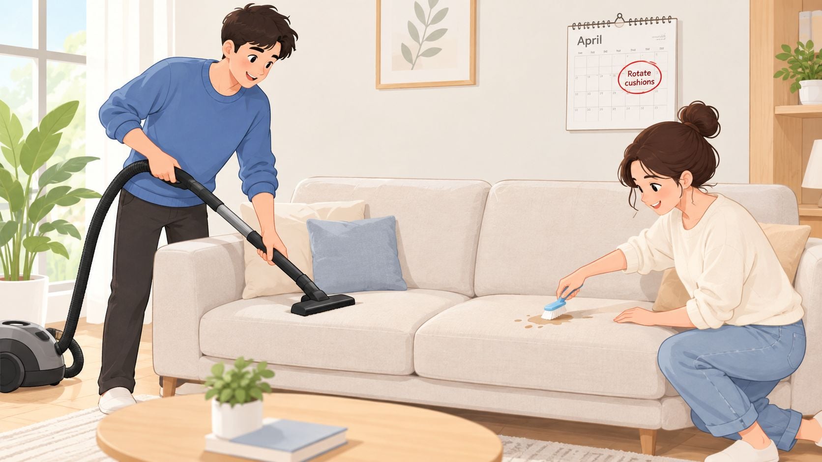A young couple cleaning a beige couch together in a bright, modern living room at home.