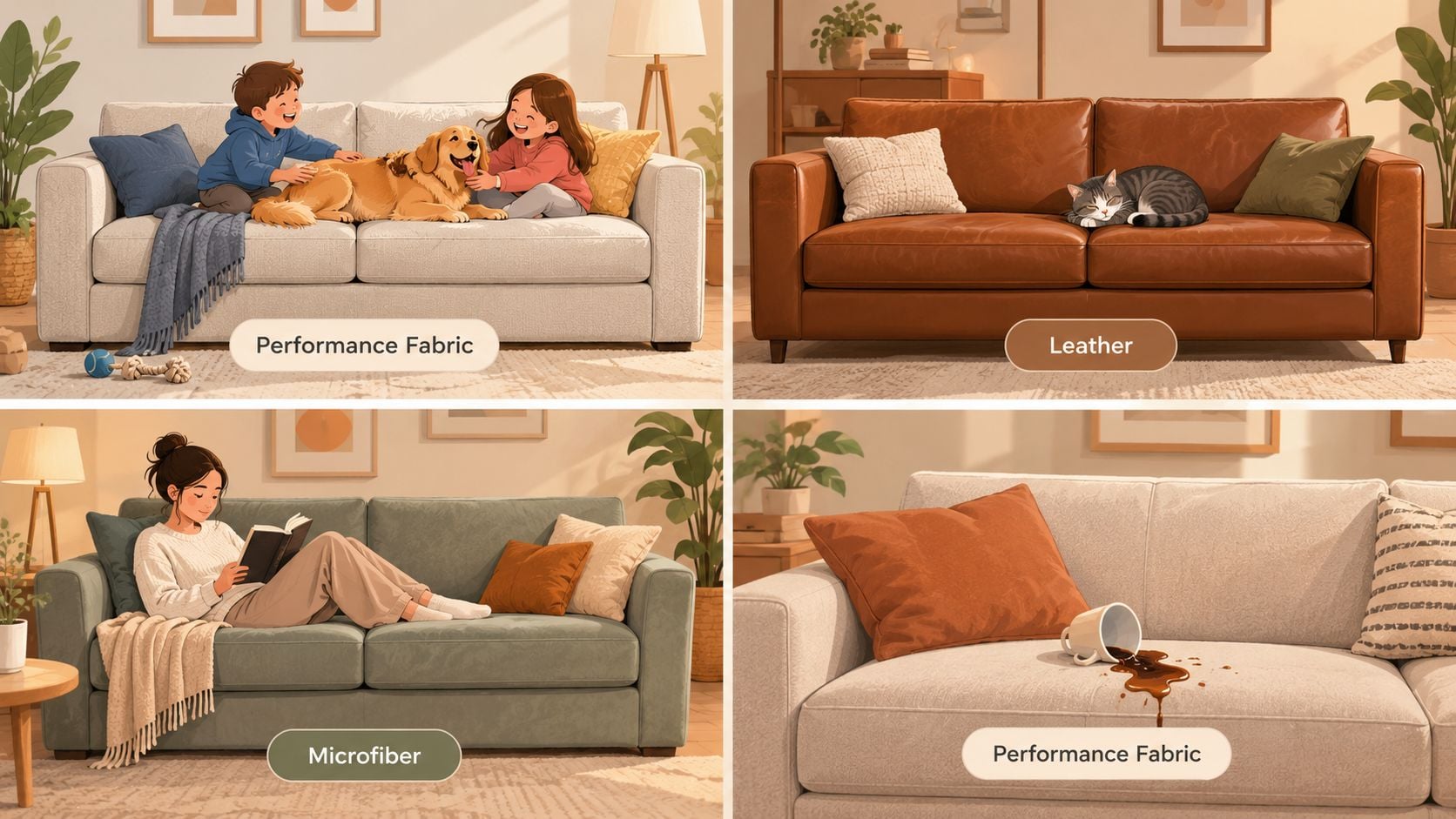 Collage of four images showcasing different sofa materials including performance fabric, leather, and microfiber options.