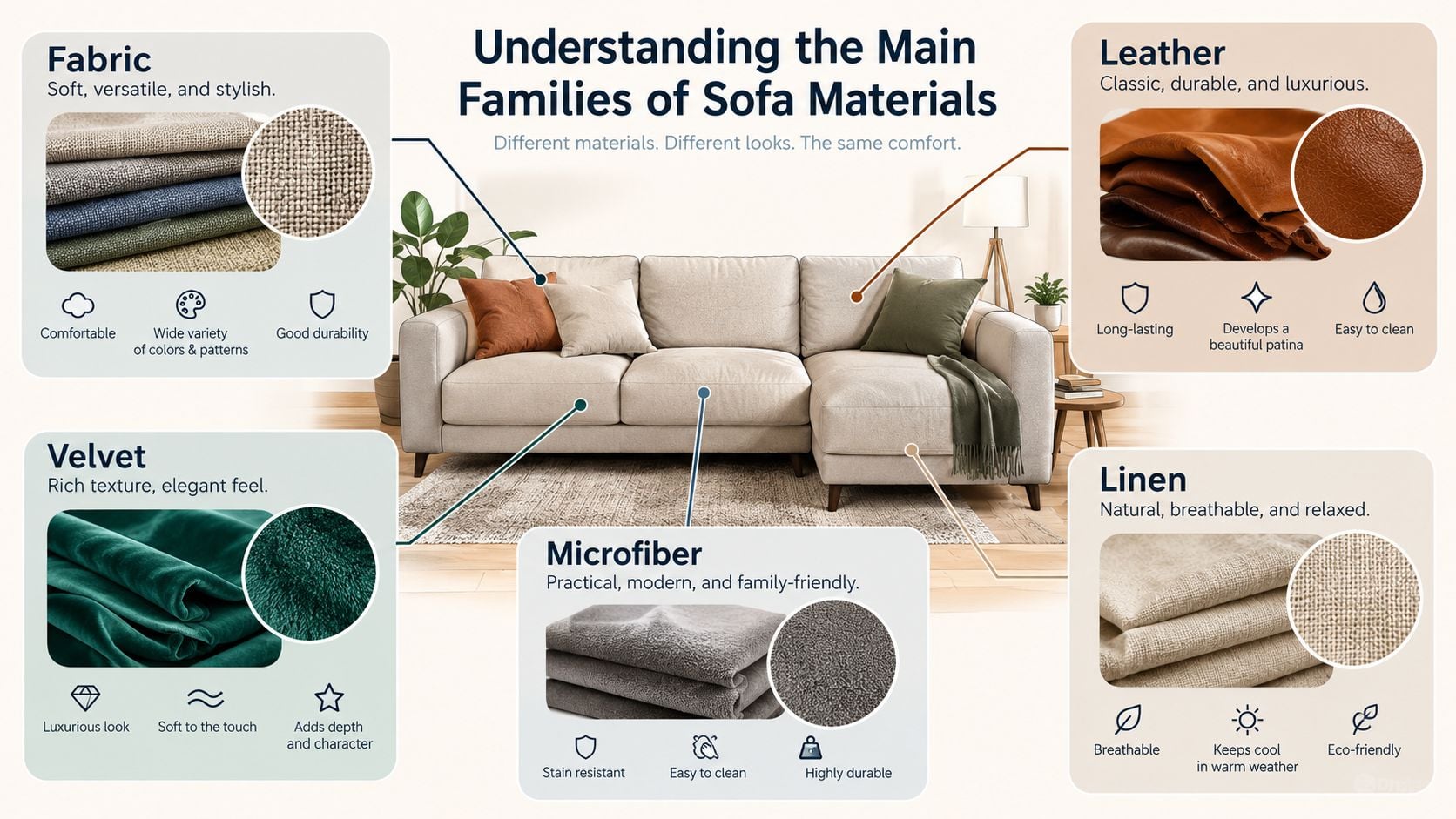 An infographic showing the four main families of sofa materials: fabric, leather, velvet, and microfiber.