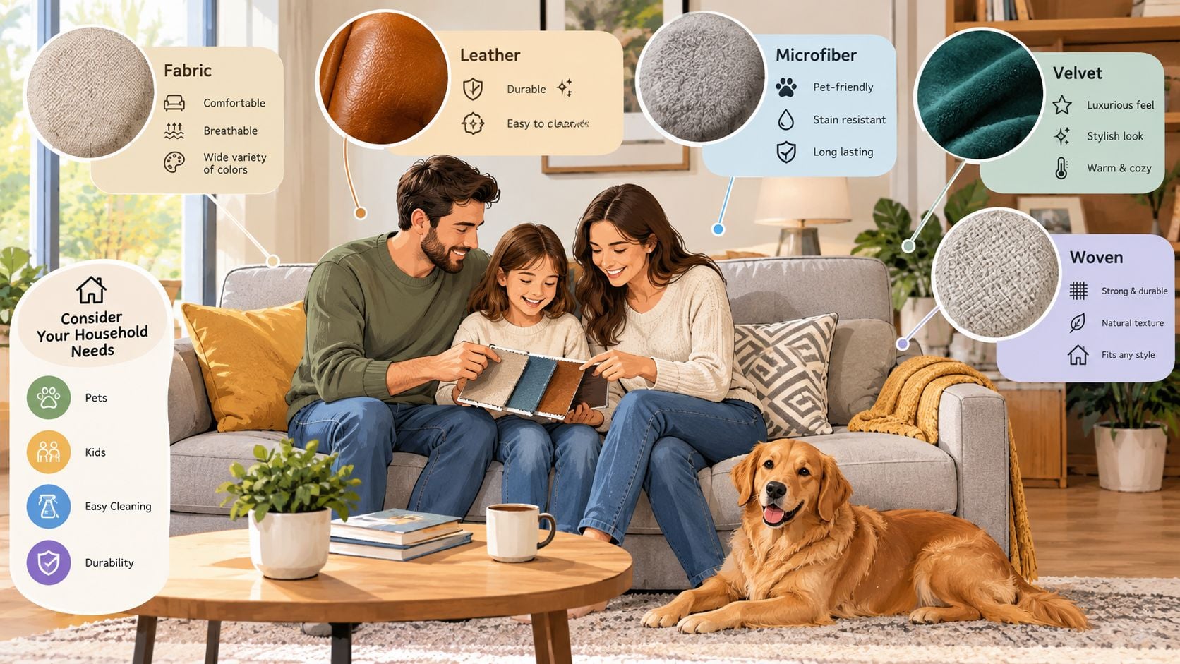 A family sits on a sofa choosing from various fabric upholstery swatches like leather, velvet, and microfiber.