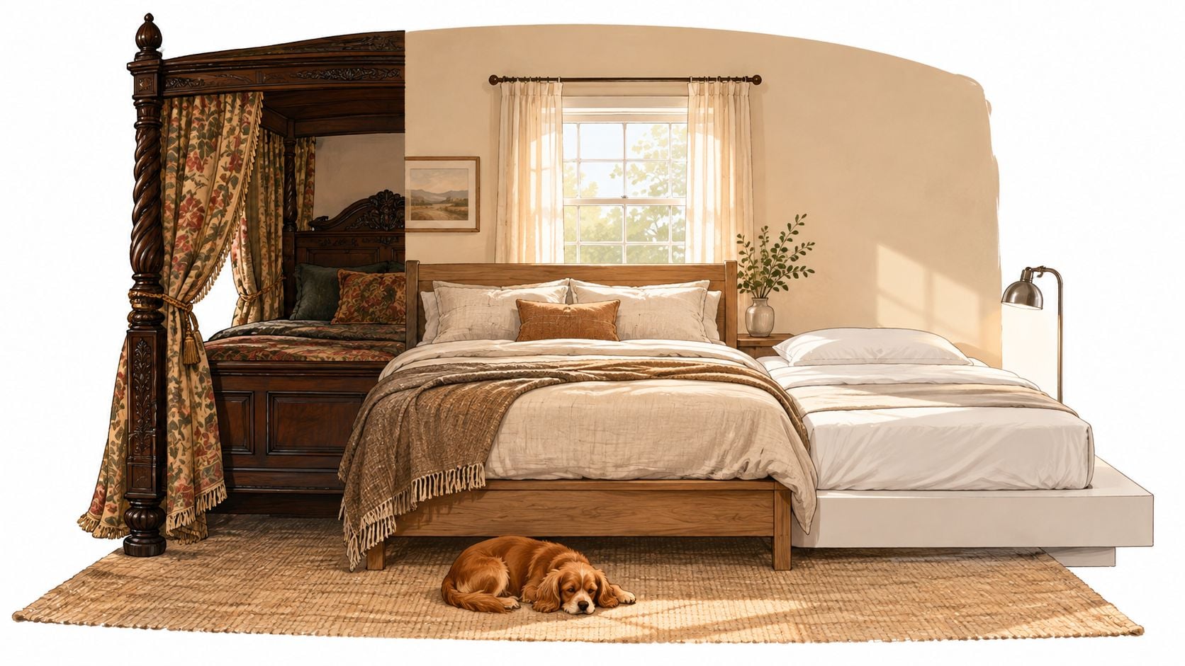 A room showcasing transitional style bedroom furniture with a mix of traditional four-poster and modern platform beds.