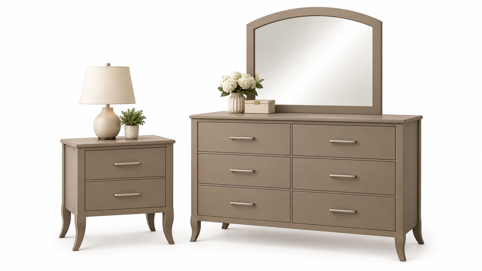 Transitional style bedroom furniture set including a six-drawer dresser with a mirror and a matching two-drawer nightstand.