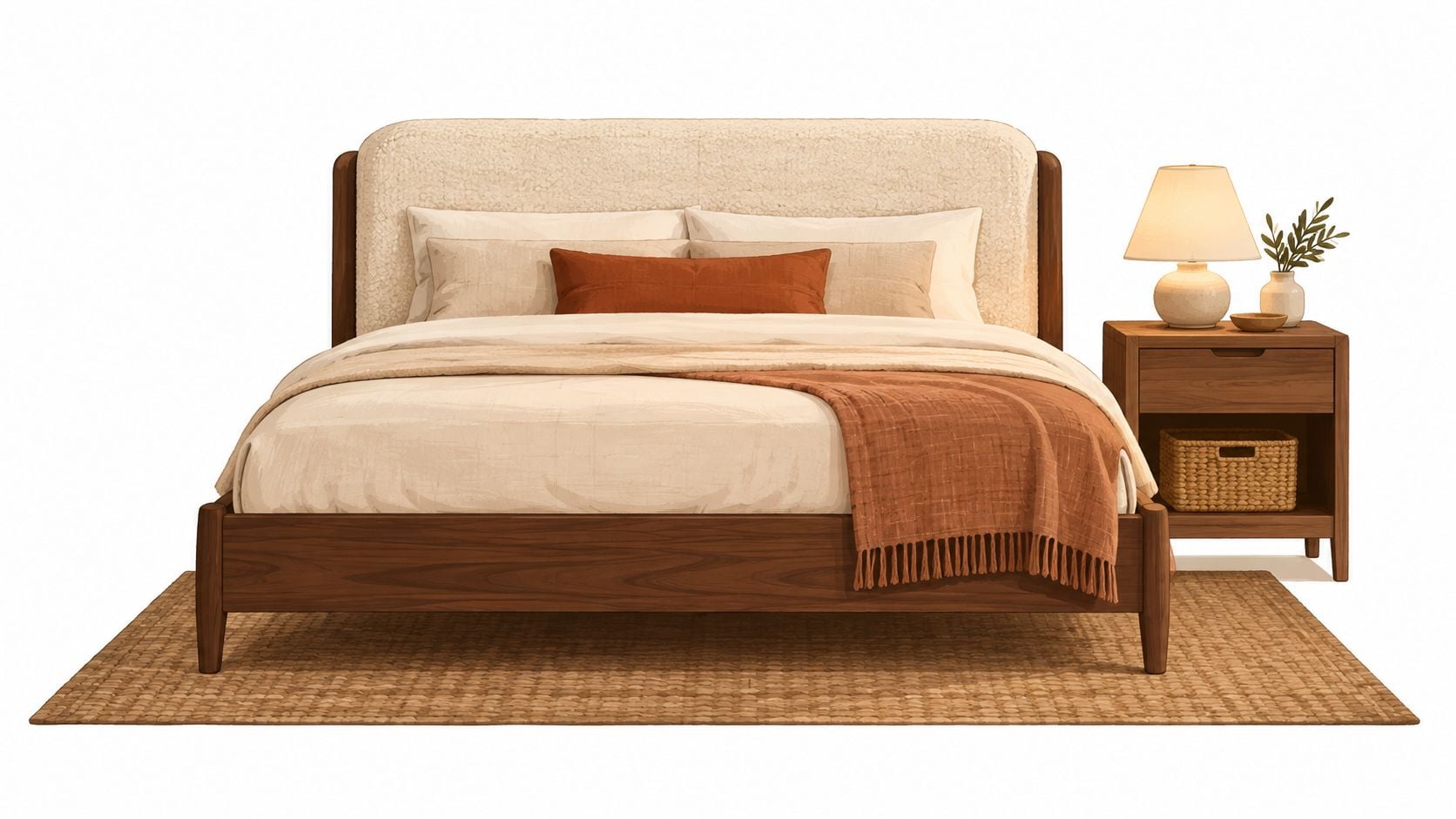 A modern transitional bed frame made of dark wood with a cream-colored sherpa fabric headboard and bedding.